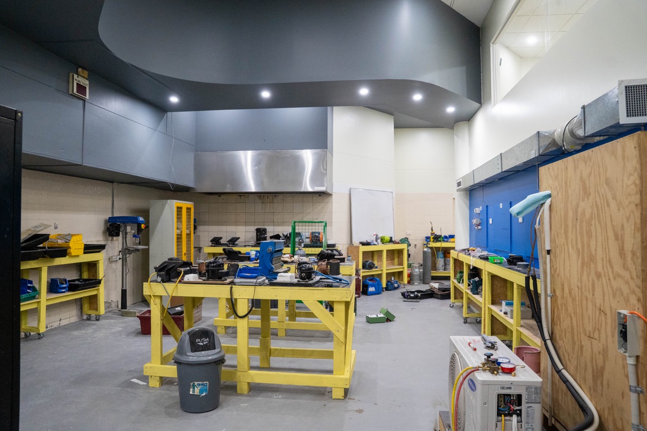 Fully equipped electrical training workshop with individual electrical workstations and tools